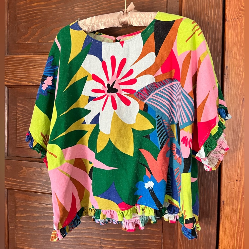 100% linen Bright Tropical Floral Crop Top - Multicolor L oversized